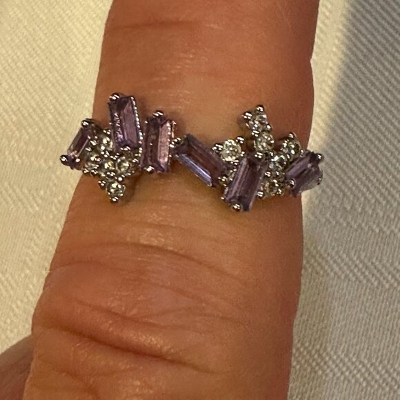 Bomb Party Jewelry - Purple Baguette Cluster Ring Silver Tone Asymmetrical Clear  Accent Band SZ 5.5